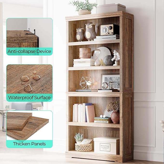 LINSY HOME 5-Shelf Bookcase, Bookshelves Floor Standing Display Storage Shelves 68 in Tall Bookcase Home Decor Furniture for Home Office, Living Room, Bed Room - Dark Brown