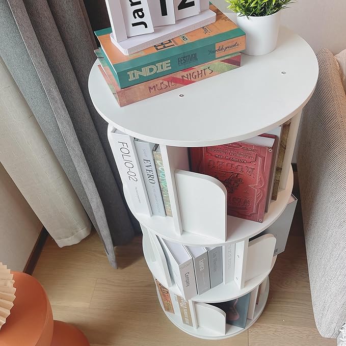 Heehee Wooden Rotating Bookshelf 360 Display Floor Standing Bookcase Storage Rack for Kids&Adults Multi-Functional Bookshelf Organizer (White (3-Tier))