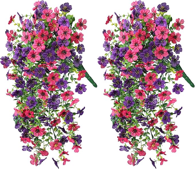 Artificial Faux Hanging Flowers Plants for Spring Outdoor Outside Decoration, 2 PCS Fake Silk Daisy with Eucalyptus UV Resistant Realistic Trailing Vines for Balcony Patio Porch (Darkpurple+Hotpink)