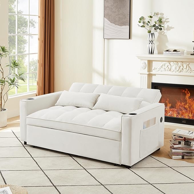ERYE 64" W Full Size 3 in 1 Convertible Sleeper Sofabed W/Cupholders and USB Ports, Modern Velvet Upholstered Loveseat Sofa with Pull Out Sleep Couch Bed and Reclining Backrest for Home Apartment RV