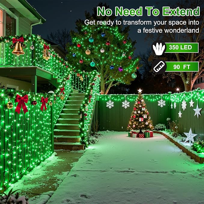 350LED 90FT Christmas Lights Indoor Outdoor, 12 Modes Green Outdoor String Lights with Timer & Dimmable, Waterproof Green Wire Christmas String Lights for Tree Xmas Patio Fence Balcony Garden Party