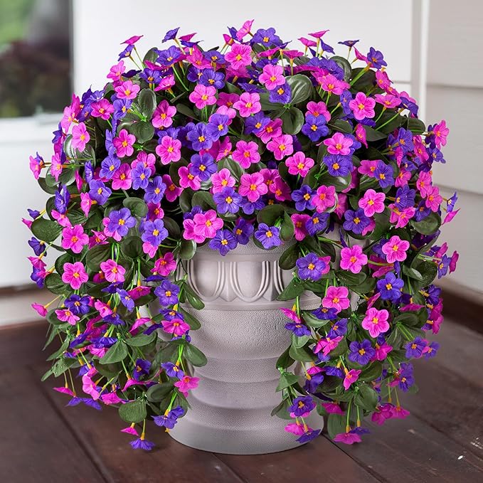 Artificial Fake Hanging Flowers Plants Vines for Outdoor Summer Decoration, 2PCS Faux Silk Orchid Long Stems Look Real UV Resistant for Home Outside Garden Wall Indoor(Dark Purple and Fuchsia)
