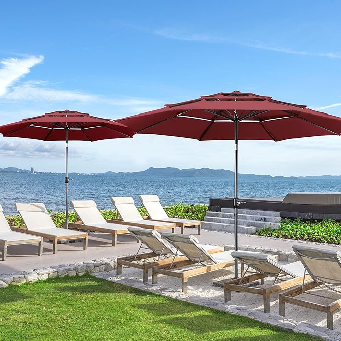 Yaheetech 3 Tier Patio Umbrella 10ft Vented Outdoor Large Market Table Umbrella with 8 Sturdy Ribs & 1.5" Umbrellla Pole, Double-layer Cloth & Push-button Tilting & Crank for Pool/Garden/Lawn Burgundy