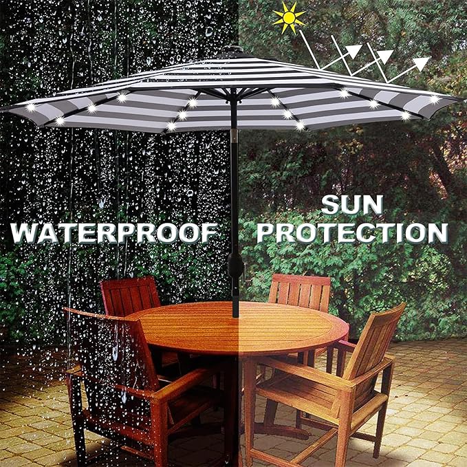 Blissun 9 ft Solar Umbrella 32 LED Lighted Patio Umbrella Table Market Umbrella with Tilt and Crank Outdoor Umbrella for Garden, Deck, Backyard, Pool and Beach (Black and White)