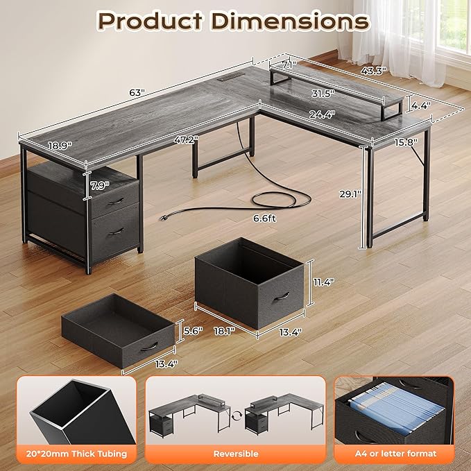 PRAISUN 63 Inch L Shaped Desk with Power Outlets and USB-C Port, Computer Corner Home Office Desk with File Fabric Drawers and Movable Monitor Stand, Larger Storage, Gaming, Writing, Work, Grey