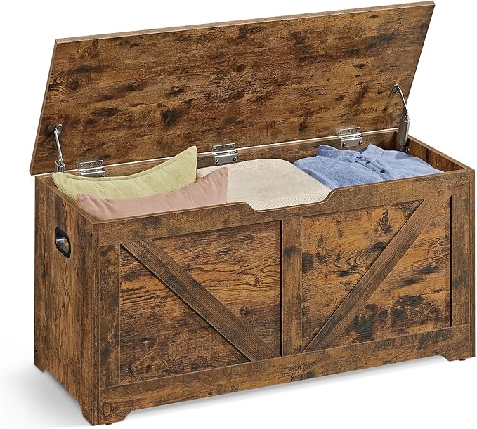 VASAGLE Storage Chest, Storage Trunk with 2 Safety Hinges, Storage Bench, Shoe Bench, Farmhouse Style, 15.7 x 39.4 x 18.1 Inches, for Entryway, Bedroom, Living Room, Rustic Brown ULSB060T01