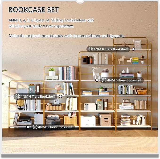 4NM No Assembly Folding Bookshelf 6 Tiers Vintage Industrial Gold Book Shelf Metal Foldable Storage Bookcase and Bookshelves for Living Room,Bedroom and Kitchen - White and Gold
