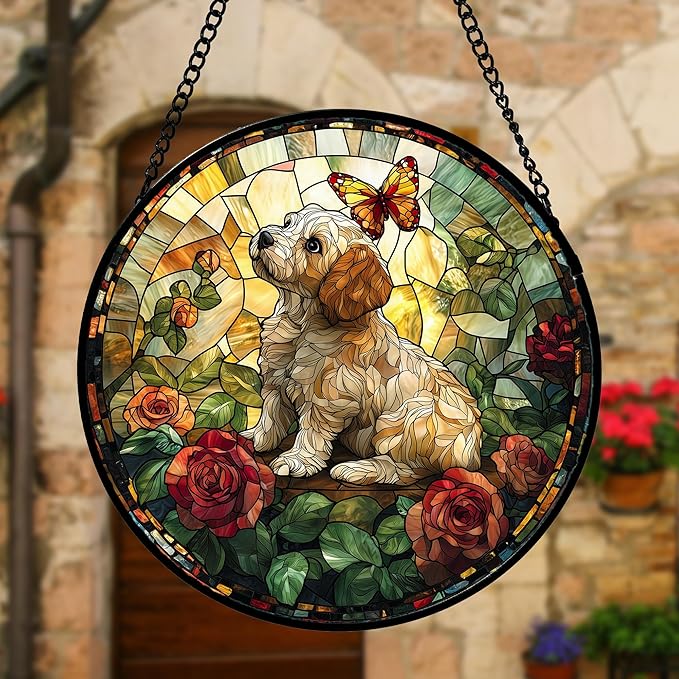 Stained Glass Window Hanging, Cute Dog and Flowers Suncatcher for Doors Home Butterfly Sun Catchers Decoration and Christmas, Mother's Day Birthday Gifts for Women, Men, and Mom 6.3 in