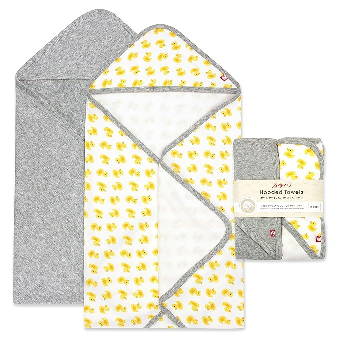 Zutano Hooded Baby Towels, Organic Cotton Baby Bath Towel, Ultra Soft and Absorbent Baby Towel for Newborn and Infant | Girl, Boy, and Unisex Towel Set, Rubber Duckies, 2-Pack