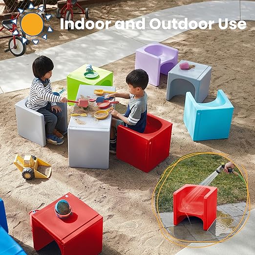 ECR4Kids Tri-Me Table and Cube Chair Set, Multipurpose Furniture, Red, 3-Piece