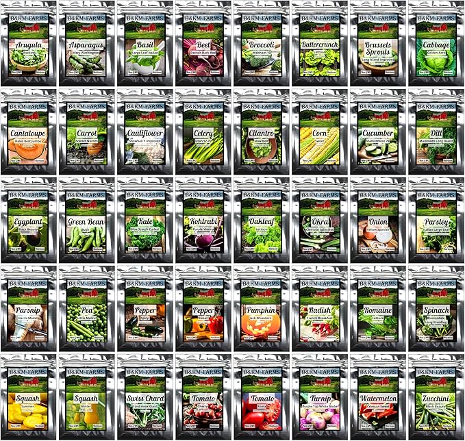 B&KM Farms 25,000+ Survival Seed Kit 5+ Year Supply. 40 Fruit & Vegetable Non-GMO Heirloom Seeds for Planting a Home Garden. Secure Emergency Weather-Proof Bucket